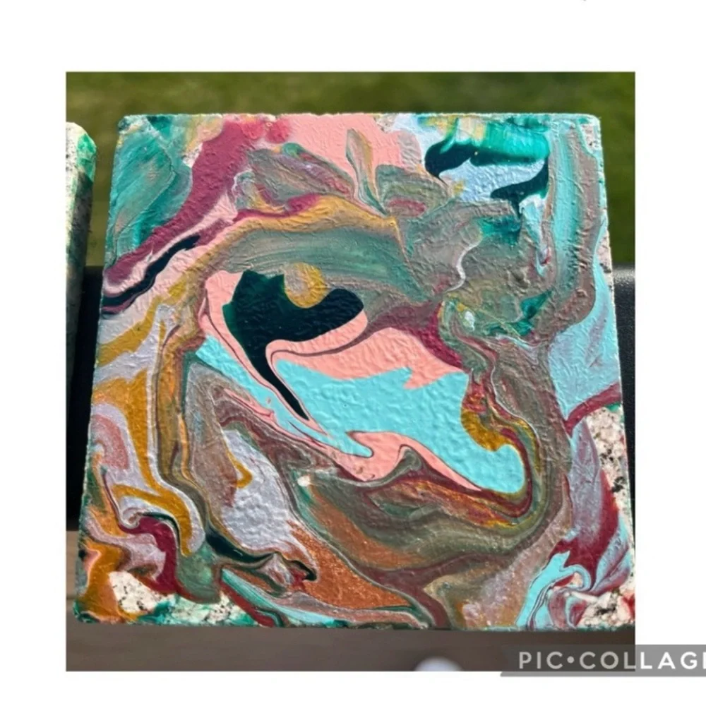 Handmade Acrylic Pour Art Coasters Set of 2 Abstract Marble Resin Look 4x4